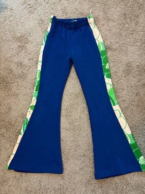 Farm Rio Navy Blue Flare Pants with Green Floral Side Stripe